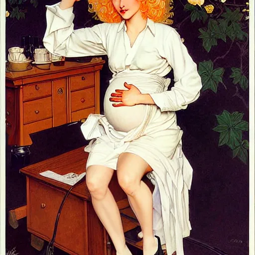 Image similar to beautiful painting of the androgynous pale blond prince Raiden with long curly blond hair, wearing a soft white poet shirt and a black miniskirt and heels, pregnancy, pinup poster by J.C Leyendecker and Norman Rockwell