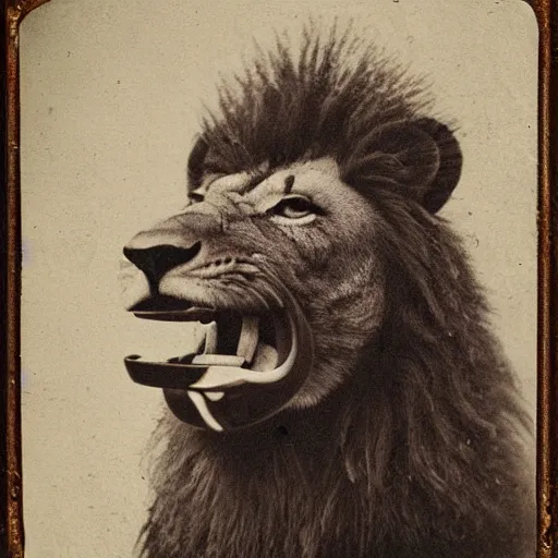 Prompt: tintype photo of a lion with a snake in his mouth