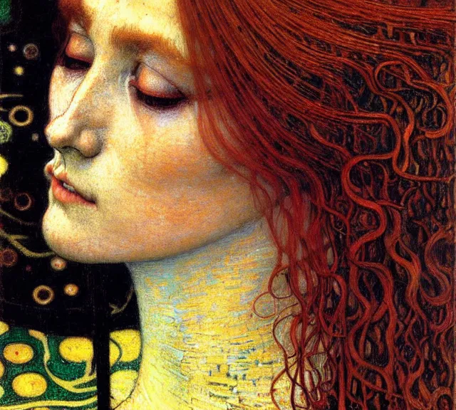 Image similar to detailed realistic beautiful young medieval queen face portrait by jean delville, gustav klimt and vincent van gogh, art nouveau, symbolist, visionary, gothic, pre - raphaelite, muted earthy colors, desaturated