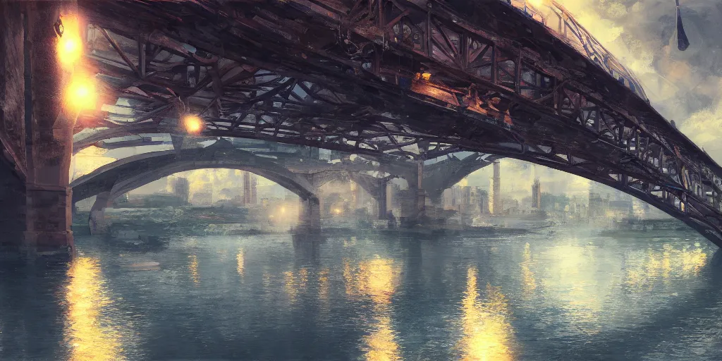 Prompt: a bridge, cinematic angle, studio Ghibli, cinematic lighting, digital art, detailed oil painting, hyperrealistic, 8k