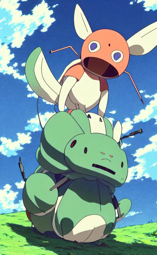 Image similar to a pocket monster go card from 1 9 5 0, illustration, clear sky background, lush landscape, concept art, anime key visual, trending pixiv fanbox, by wlop and greg rutkowski and makoto shinkai and studio ghibli and kyoto animation and ken sugimori, symmetrical facial features, cute beetle pet companion, box art