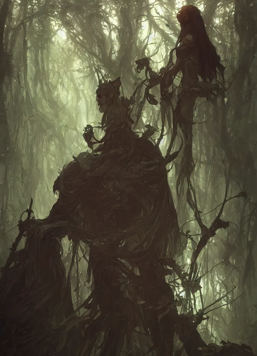 Image similar to dark wizard of forest, elegant, highly detailed, digital painting, artstation, concept art, matte, sharp focus, illustration, art by artgerm and greg rutkowski and alphonse mucha