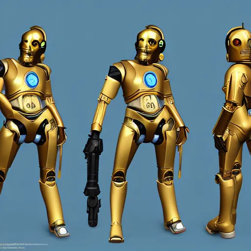 Prompt: c 3 po overwatch hero concept character, trending on artstation