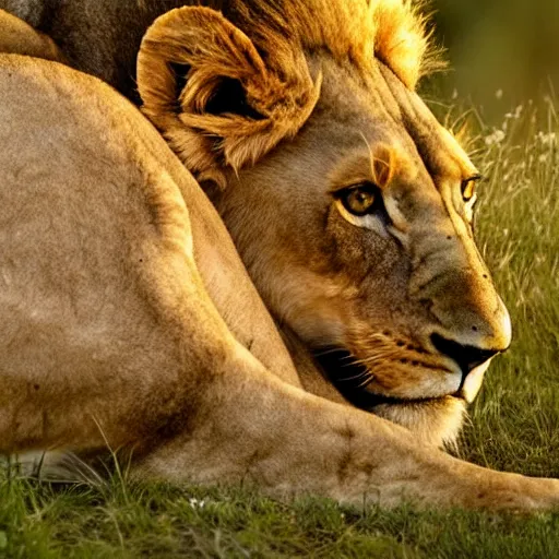 Image similar to contented lion and lioness cuddling with each other, national geographic photo, golden hour, adorable, 8k UHD