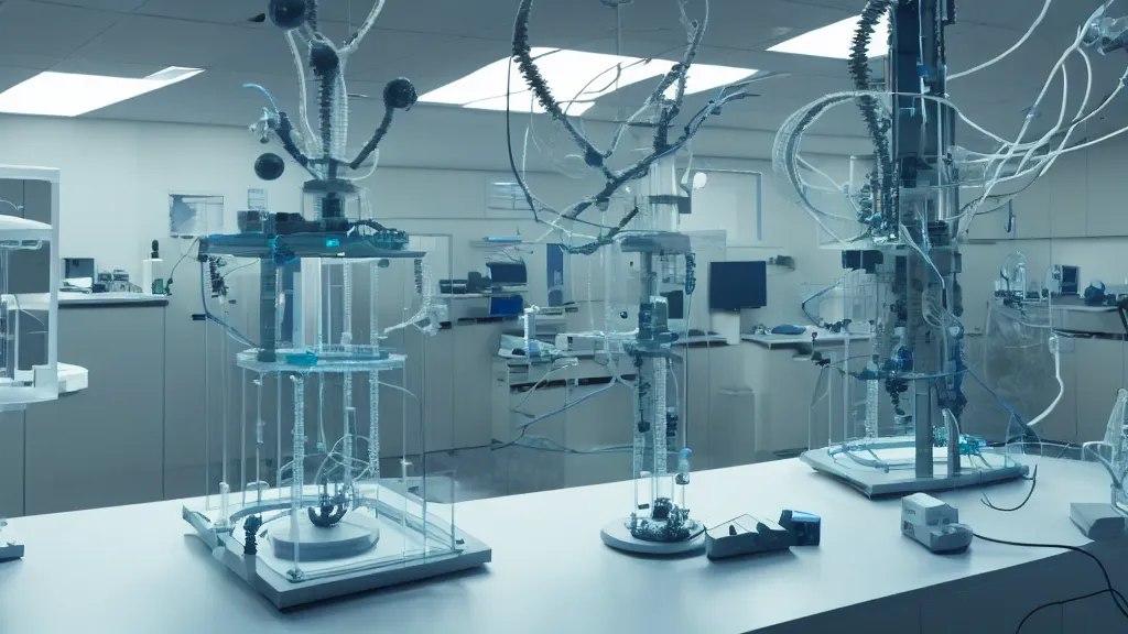 Image similar to a octoidal mri 3 d printer machine and control panels in the laboratory inspection room making organic forms, film still from the movie directed by denis villeneuve with art direction by salvador dali, wide lens