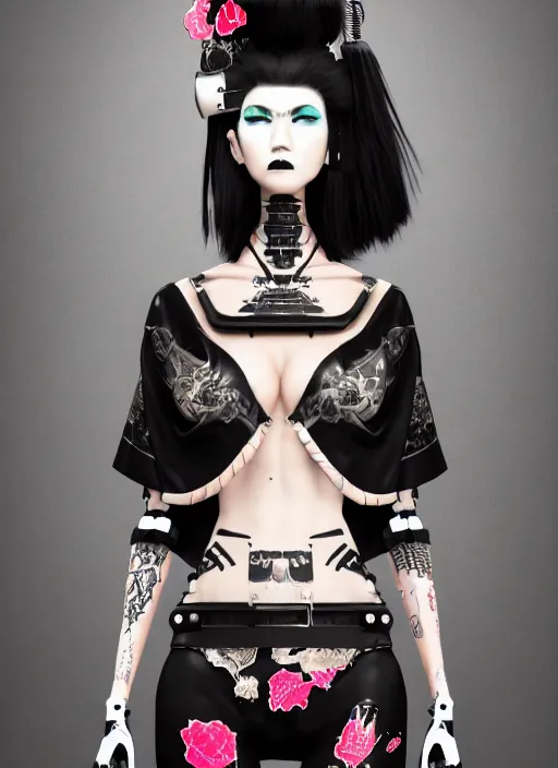 Image similar to full body portrait of a gothic style punk geisha robot with kanji tattoos and decals wearing a digital pixelated kimono, intricate design, photo - realistic, octane render, dark colour palette, ultra fine detailed, character design, trending on artstation