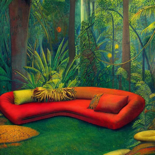 Image similar to psychedelic couch sofa in the lush forest, milky way, designed by arnold bocklin, jules bastien - lepage, tarsila do amaral, wayne barlowe and gustave baumann, cheval michael, trending on artstation, mediterranean, star, sharp focus, colorful refracted sparkles and lines, soft light, 8 k 4 k