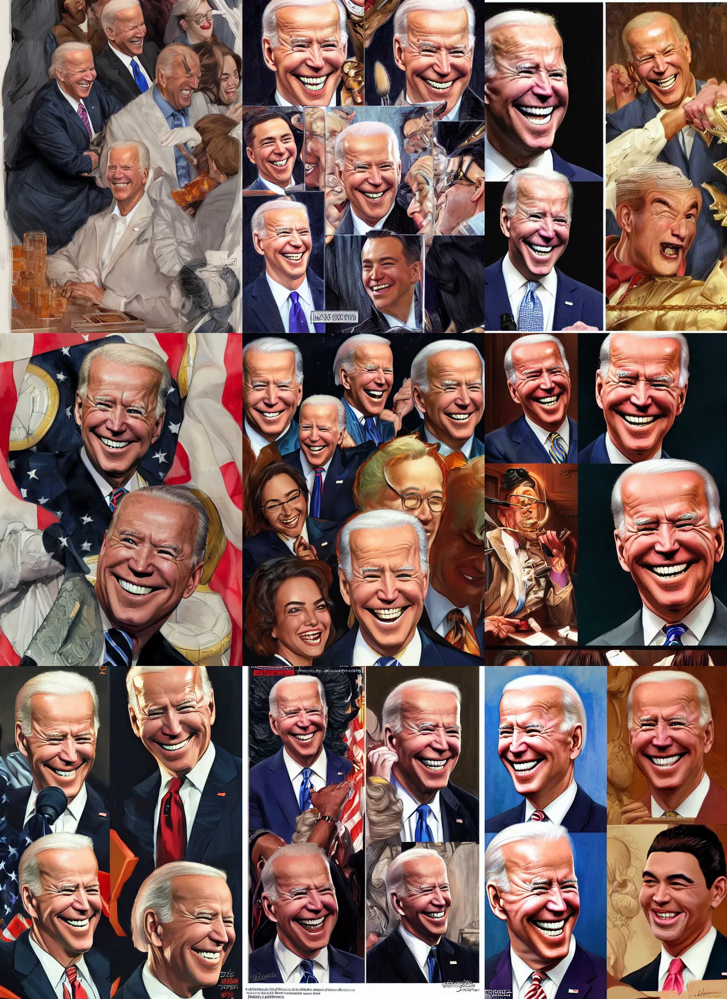 Prompt: thick makeup on Joe Biden laughing, Artgerm, Donato Giancola, Joseph Christian Leyendecker