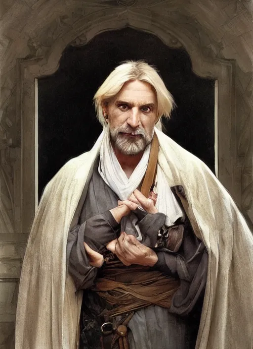 Image similar to a man aged 4 0 with blonde hair and hazel eyes and a friendly expression. he is clean shaven and wearing a grey cloak. head and shoulders portrait painting by artgerm and greg rutkowski and alphonse mucha.