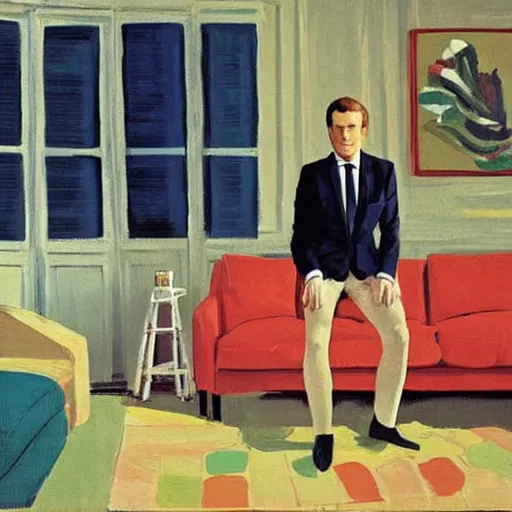 Prompt: emmanuel macron posing on a sofa, 1 9 7 0 living room, oil on canvas, by david hockney, bouguereau