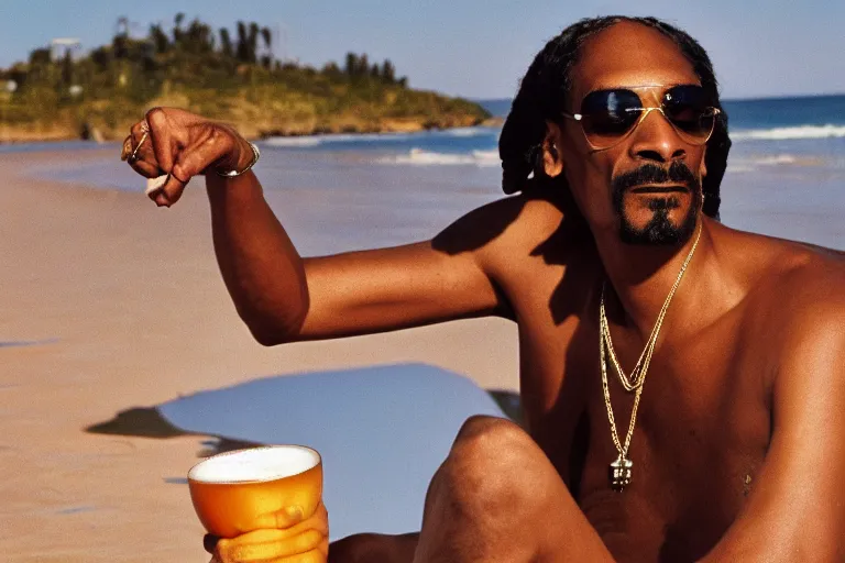 Image similar to snoop dogg without shirt on the beach with beer, high detailed, high resolution, 8k, photorealistic