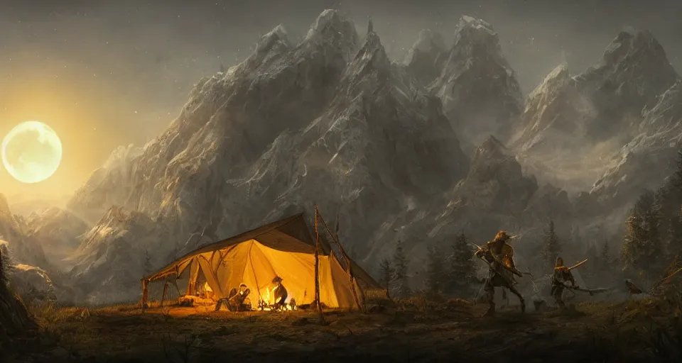 Prompt: an epic fantasy adventurer's camp with a hide tent at night with a full moon, 4 k, extremely detailed. award winning, trending on artstation, 8 k, ultra wide angle