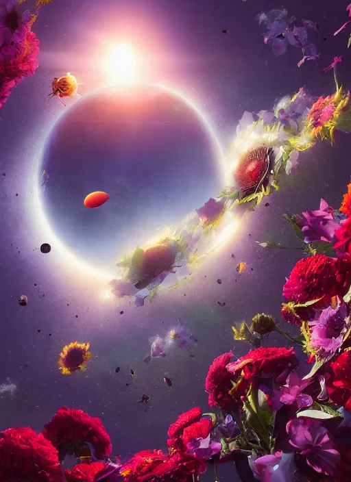 Image similar to An epic fantastic realism comic book style painting of the most beautiful flowers launched into space, bouquets, solar eclipse, fisheye, unreal 5, DAZ, hyperrealistic, octane render, dynamic lighting