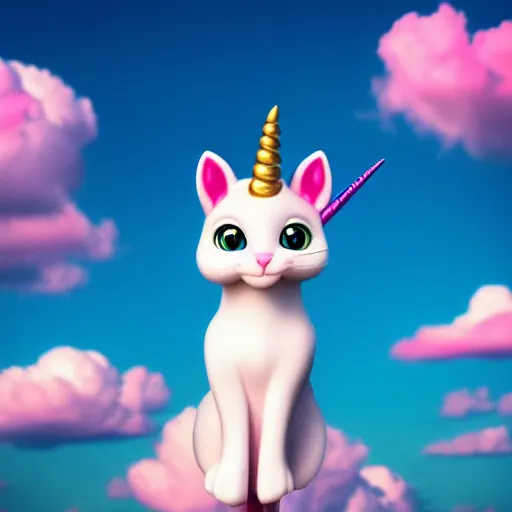 Image similar to very cute and tiny unicorn cat on Dahlia flower flying atop pink clouds, sky background, pixar style, cinematic lightning, award winning creature photography