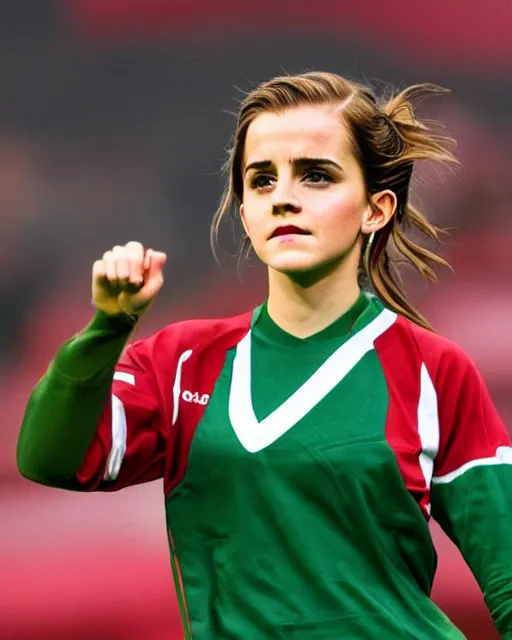 Image similar to a portrait of emma watson as a lokomotiv football player, hyper realistic