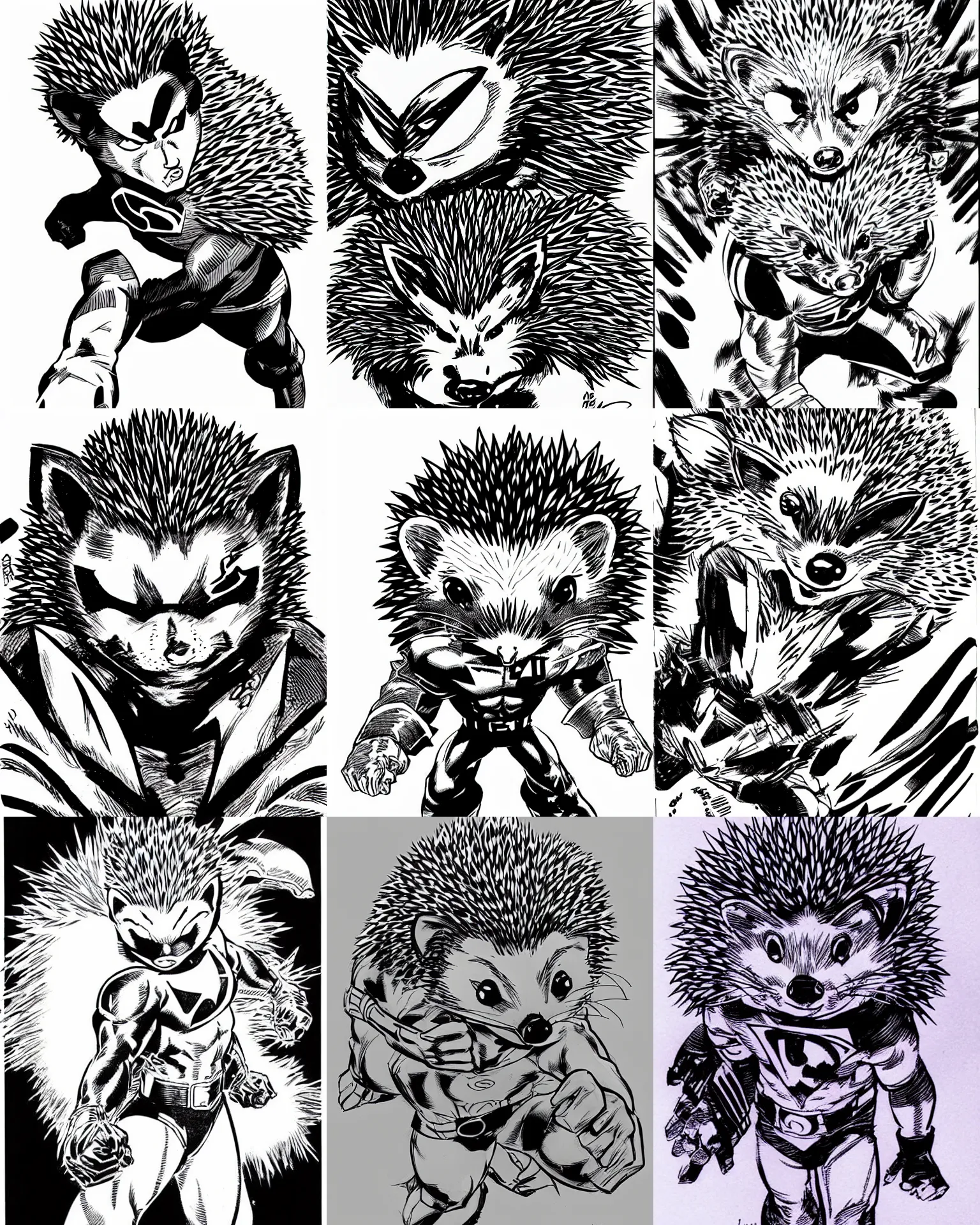 Prompt: hedgehog!!! jim lee!!! medium shot!! flat ink sketch by jim lee face close up headshot in the style of jim lee, x - men superhero comic book hedgehog by jim lee