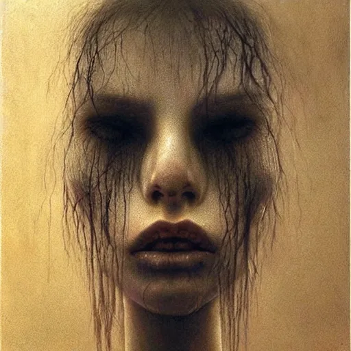 Prompt: beautiful palewhite maneater girl with black hairs by beksinski