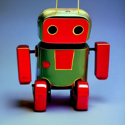 Prompt: tin toy robot kodachrome photo