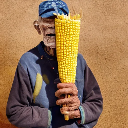 Image similar to an elderly man wearing a mask made from a tortilla, holding a sword made from elote, driving a corn cob car, bold natural colors, national geographic photography, masterpiece, 8 k, raw, unedited, symmetrical balance