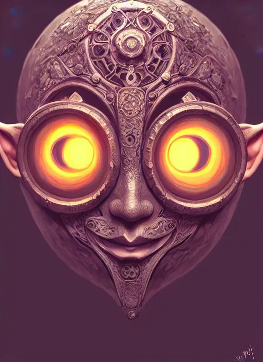 Image similar to happy mask salesman with majora's mask, fantasy, intricate, elegant, highly detailed, digital painting, artstation, concept art, wallpaper, smooth, sharp focus, illustration, art by wlop