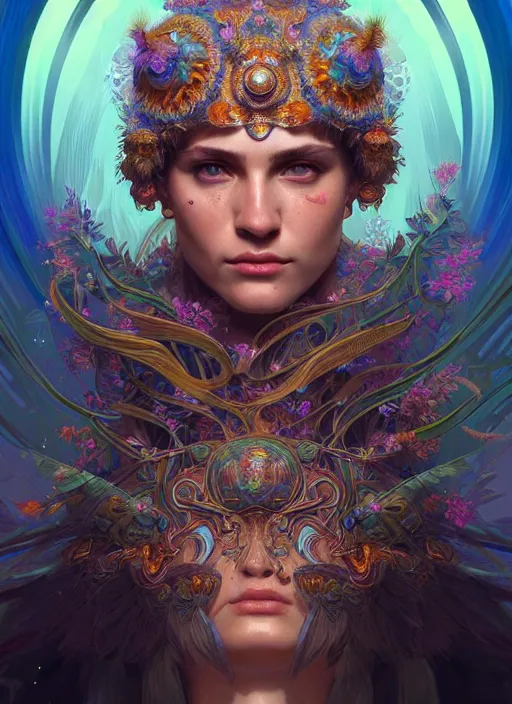 Image similar to hyper detailed ultra sharp of a wise slavic druid trance man. trending on artstation, warpaint aesthetic, earthwave, colorful, psychedelic, ornate, intricate, digital painting, concept art, smooth, sharp focus, illustration, art by artgerm and greg rutkowski and alphonse mucha, 8 k