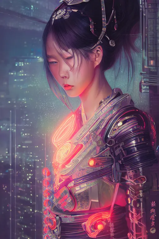 Prompt: portrait futuristic Samurai Girl, in future cyberpunk tokyo rooftop , ssci-fi, fantasy, intricate, very very beautiful, elegant, neon light, highly detailed, digital painting, artstation, concept art, smooth, sharp focus, illustration, art by tian zi and WLOP and alphonse mucha