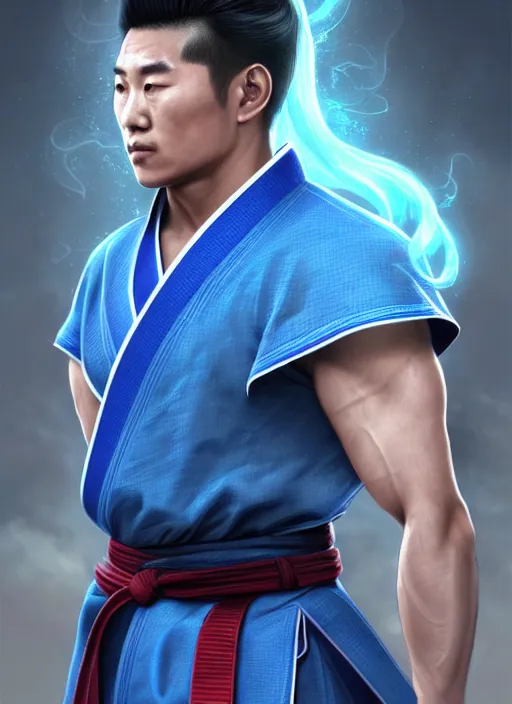 Image similar to male martial artist with a mongolian pigtail hairstyle!!!! asian facial features and blue eyes!! intricate ornate blue robes!! character concept art, sharp focus, octane render! unreal engine 5! highly rendered!! trending on artstation!! detailed linework!! illustration by artgerm, wlop, and chie yoshii