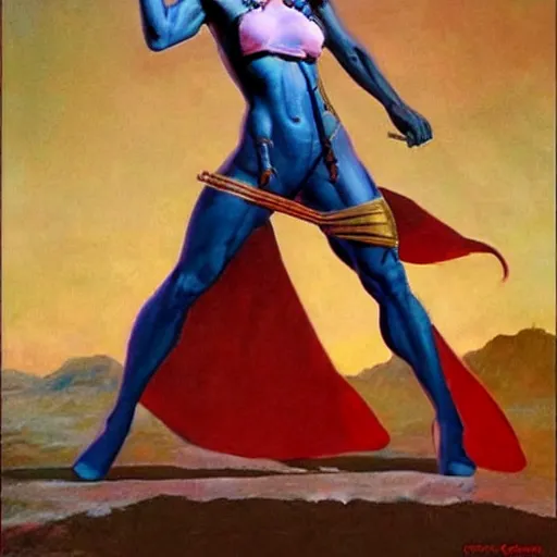 Image similar to princess of mars but with gal godot, photorealistic painting by frank frazetta and boris vallejo