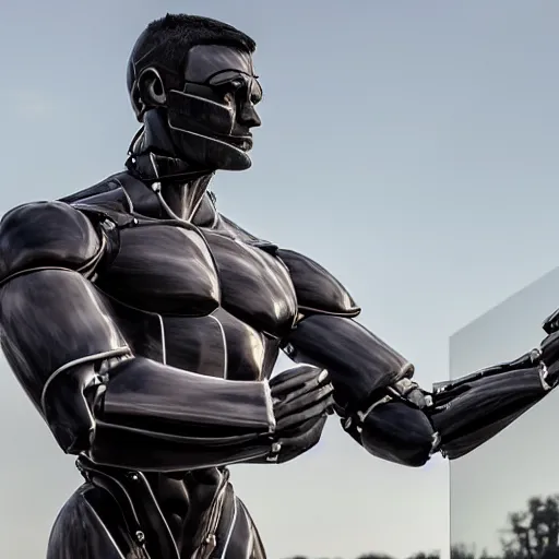 Image similar to a realistic detailed photo of a guy who is an attractive humanoid who is half robot and half humanoid, who is a male android, wrestler finn balor, shiny skin, posing like a statue, blank stare, by the pool, on display, showing off his muscles, humanoid robot, frozen ice statue