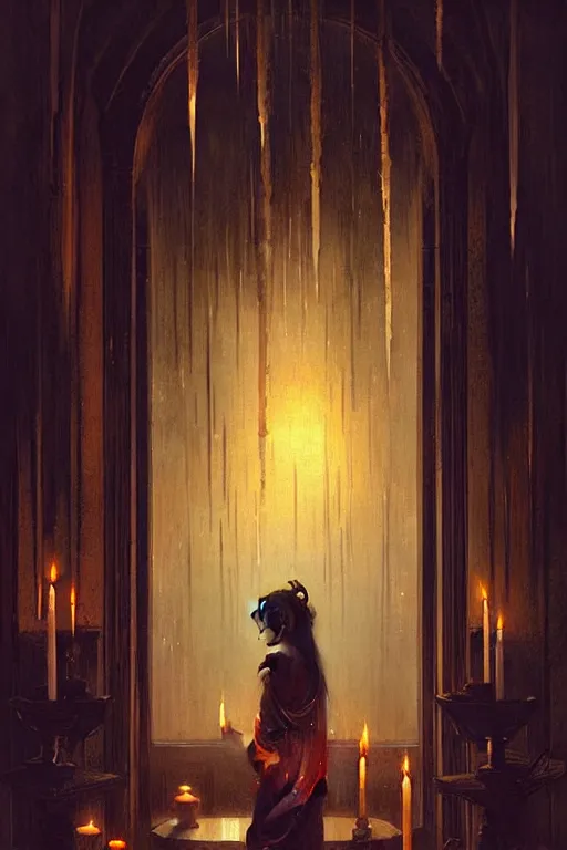 Image similar to dreamy dark hall with candles and dripping wax. beautiful intricately detailed japanese artwork, fantasy art by bayard wu, trending on artstation, camille corot, stephan martiniere