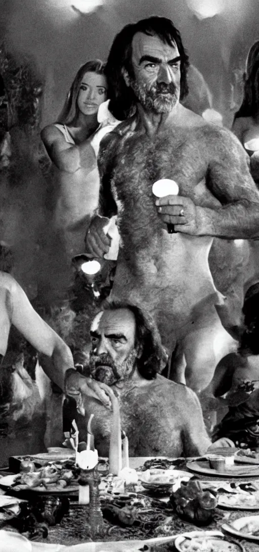 Prompt: a 3 5 mm color closeup macro hi def picture of sean connery as zardoz as he's accessing third eye second level during his 9 6 6 th birthday party along with female friends. everything is of the second level including plates of green bread and hams on the isle of kun lao. volumetric lighting with picoso hotdogs. atmospheric. scary fog national geographic.