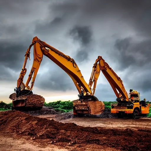 Prompt: 4 k hdr wide angle two heavy duty excavators posed as instagram model women kissing eachother during a stormy evening sony a 7