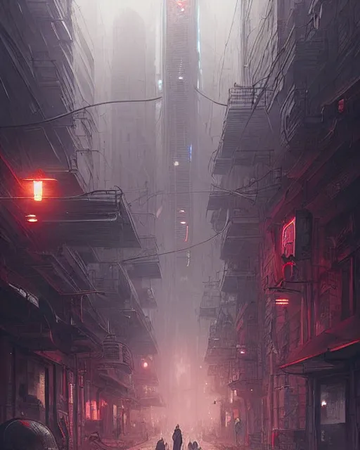 Image similar to professional ominous concept art of a dreary cyberpunk downtown street by artgerm and greg rutkowski. an intricate, elegant, highly detailed digital painting, concept art, smooth, sharp focus, illustration, in the style of simon stalenhag, wayne barlowe, and igor kieryluk.