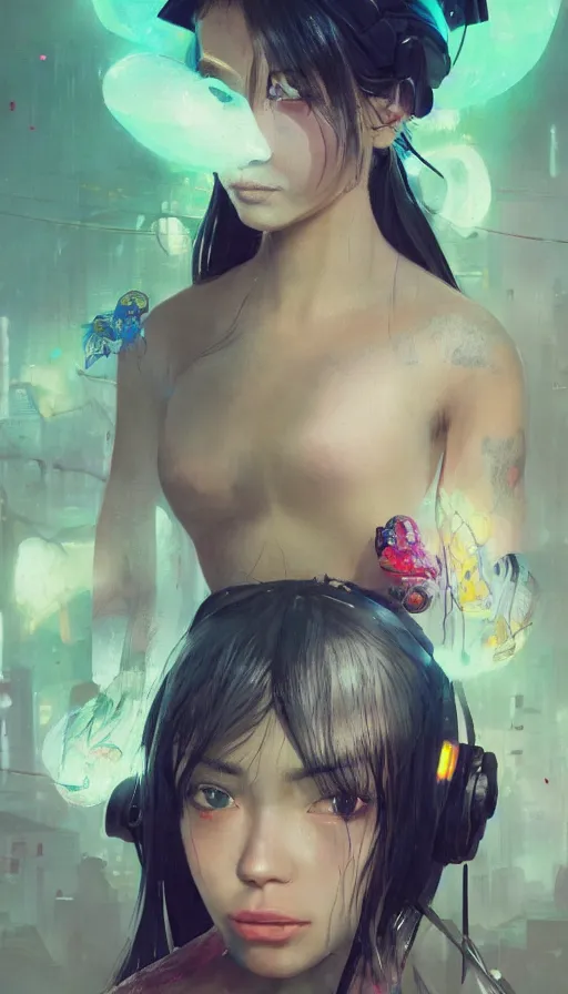 Prompt: altered carbon, madison beer, detailed portrait young gangster lolita, amazing beauty, visor, neon tattoo, styled hair, decorated traditional japanese ornaments by carl spitzweg, ismail inceoglu, vdragan bibin, hans thoma, greg rutkowski, alexandros pyromallis, perfect face, fine details, realistic shaded