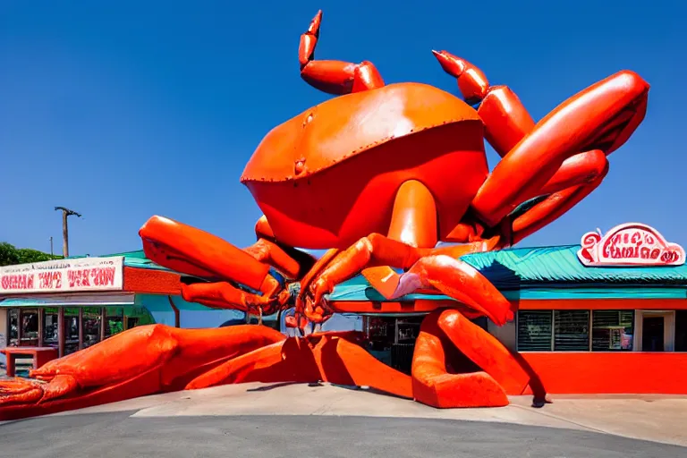 Image similar to 1 9 8 5 crab themed giant sculpture, googie architecture, one point perspective, americana, fishcore, restaurant exterior photography, hd 8 k, taken by alex webb