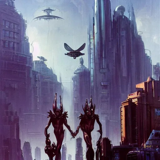 Image similar to An alien cityscape, futuristic alien beings walking through the streets, super advanced alien spacecraft flying in the skies above the city, by Frank Frazetta. Trending on CGSociety, 16k Resolution, hyperdetailed :: no blur, no grain, highly detailed, cinematic, realistic, HDR ::