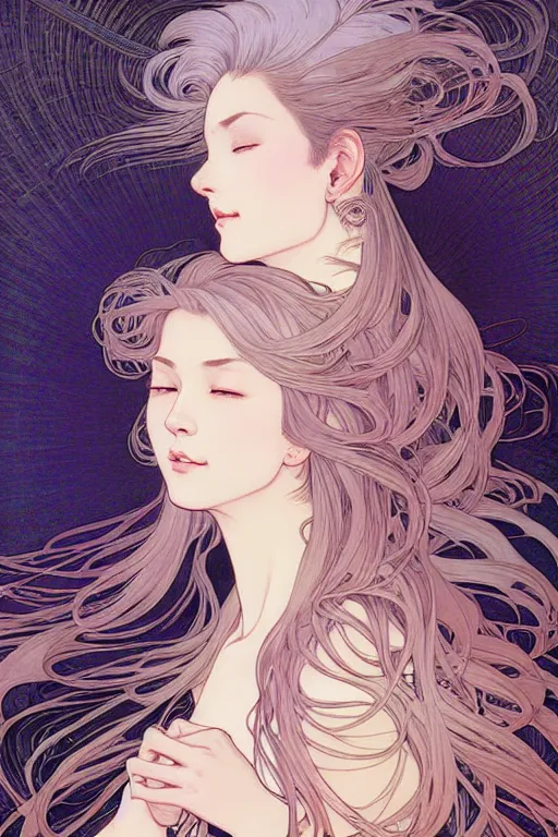 Image similar to beautiful portrait digital painting female holding white hair glowing, blush, pleated skirt, flowing hair, slim face, elegant, alphonse mucha, by yoichi hatakenaka, masamune shirow, josan gonzales and dan mumford, ayami kojima, takato yamamoto, barclay shaw, karol bak, yukito kishiro