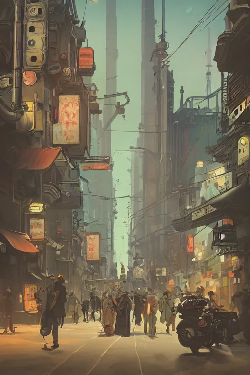 Prompt: crowdy tokyo street, mucha vibe, dieselpunk, solarpunk, artstation, andrei riabovitchev