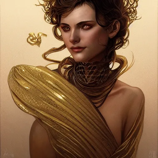 Image similar to Sandman with a gold suit, portrait, intricate, elegant, highly detailed, digital painting, artstation, concept art, smooth, sharp focus, illustration, art by artgerm and greg rutkowski and alphonse mucha