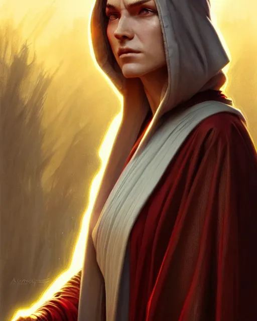 Prompt: a robed high republic jedi sorcerer, fantasy character portrait, ultra realistic, intricate, elegant, highly detailed, digital painting, artstaion, smooth, sharp, focus, illustration, art by artgerm and greg rutkowski and alphonse mucha