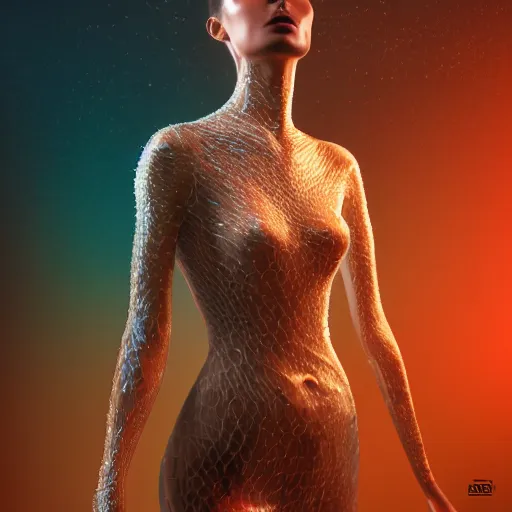 Image similar to a highly detailed digital image of an elegantly posed futuristic woman beautifully intertwined in chromatic liquid like leaves, full body shot, by Andrew Chiampo, artstation, and Frederik Heyman, extremely detailed woman, stunning volumetric lighting, hyper realism, fantasy 4k