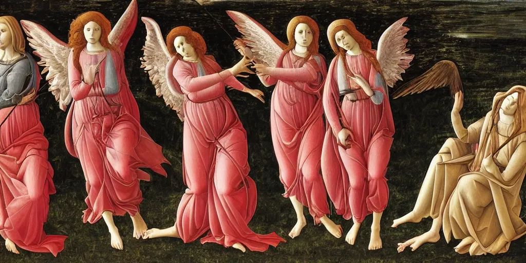 Image similar to Angels holding red spiral Spears descend from the heaven to cast judgment on the humans who try to run below their feet, oil painting by sandro botticelli, highly detailed, renaissance art, 8k