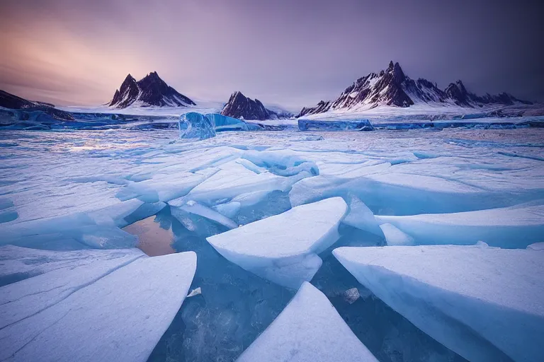 Image similar to moody landscape photography by marc adamus, greenland, sunset, ice