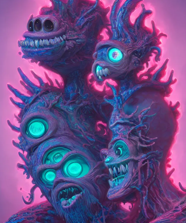 Prompt: a two headed xanathar made of bioluminescence in the art style of monsters inc, crisp 8 k line art, digital painting, artstation, unreal engine, octane render, emissive lighting, concept art, matte, sharp focus, hyper realistic lighting, illustration, deep royal blue and pink color scheme, art by carne griffiths