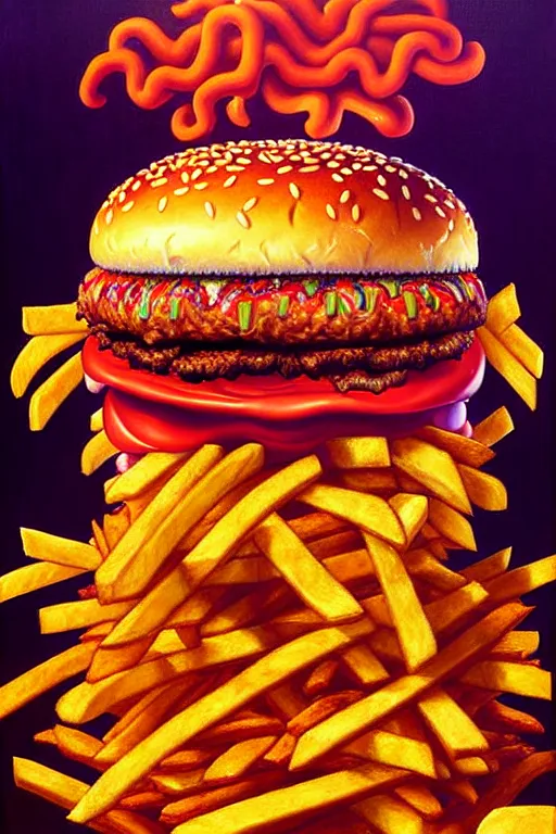 Prompt: a hyperrealistic painting of an epic boss fight ronald mcdonald ornate supreme dark overlord, gross hamburgers and fries, cinematic horror, by chris cunningham, lisa frank, richard corben, highly detailed, vivid color,