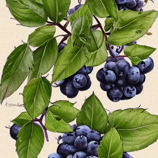 Prompt: horizontal botanical drawing of blueberry bushes. Traditional art. Rustic. Nordic. 4K. Trending on artstation. Bushy. Nature. Artistic.