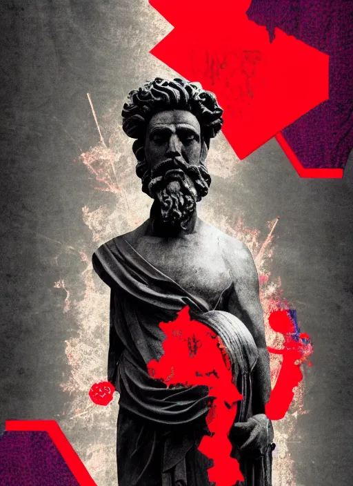 Prompt: design poster showing a statue of marcus aurelius, black background with very subtle red and purple design elements, powerful, nekro, graphic design, collage art, thin lines, dark, glitch art, neo vaporwave, gritty, layout frame, square, trending on artstation