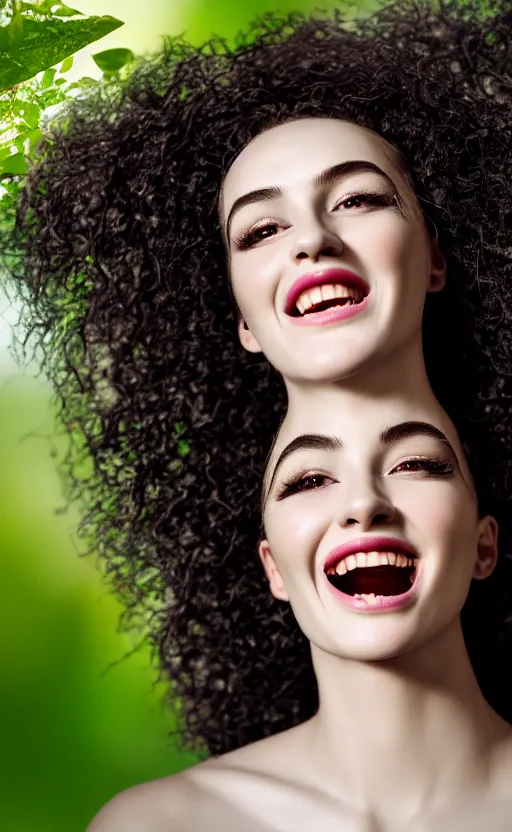 Image similar to 8 k uhd poser render of the face of a young woman with marble complexion, angelic features, her face framed with curls, her head raised in rapture, laughing, portrait photography, symmetrical eyes, by andrew gonzalez, background lush vegetation, insects and birds, dof narrow, 1 0 5 mm lens