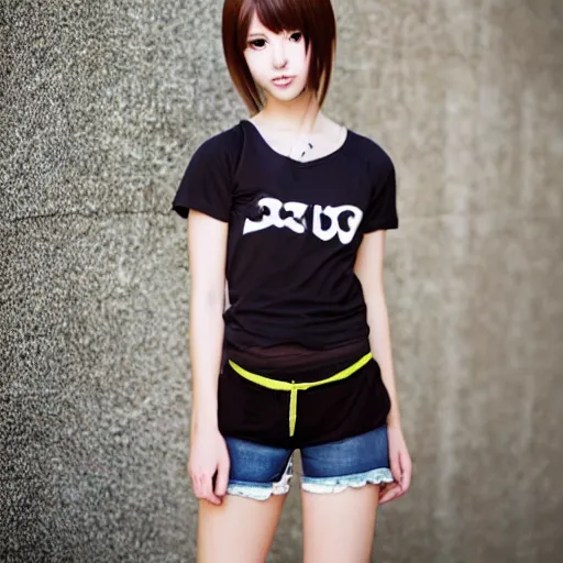 Image similar to Portrait-photograph of a flirty anime girl wearing a t-hirt and shorts