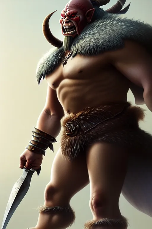 Image similar to orc barbarian wearing leather armor, full body shot, exquisite details, earth magic, mid view, design on a white background, by studio muti, greg rutkowski, makoto shinkai, takashi takeuchi, studio ghibli